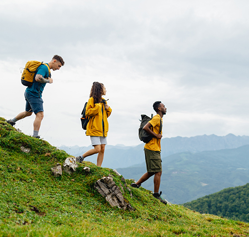 Three hikers wearing backpacks are walking down a grassy hillside with a mountainous landscape in the background under a cloudy sky.